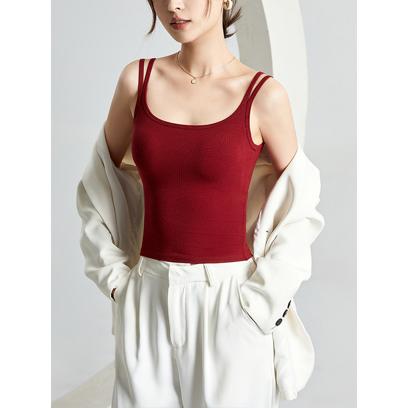 Spring Summer New Style with Chest Pad French Double Shoulder Strap Camisole for Women, Integrated Bra, Beautiful Back, Can Be Worn Outside