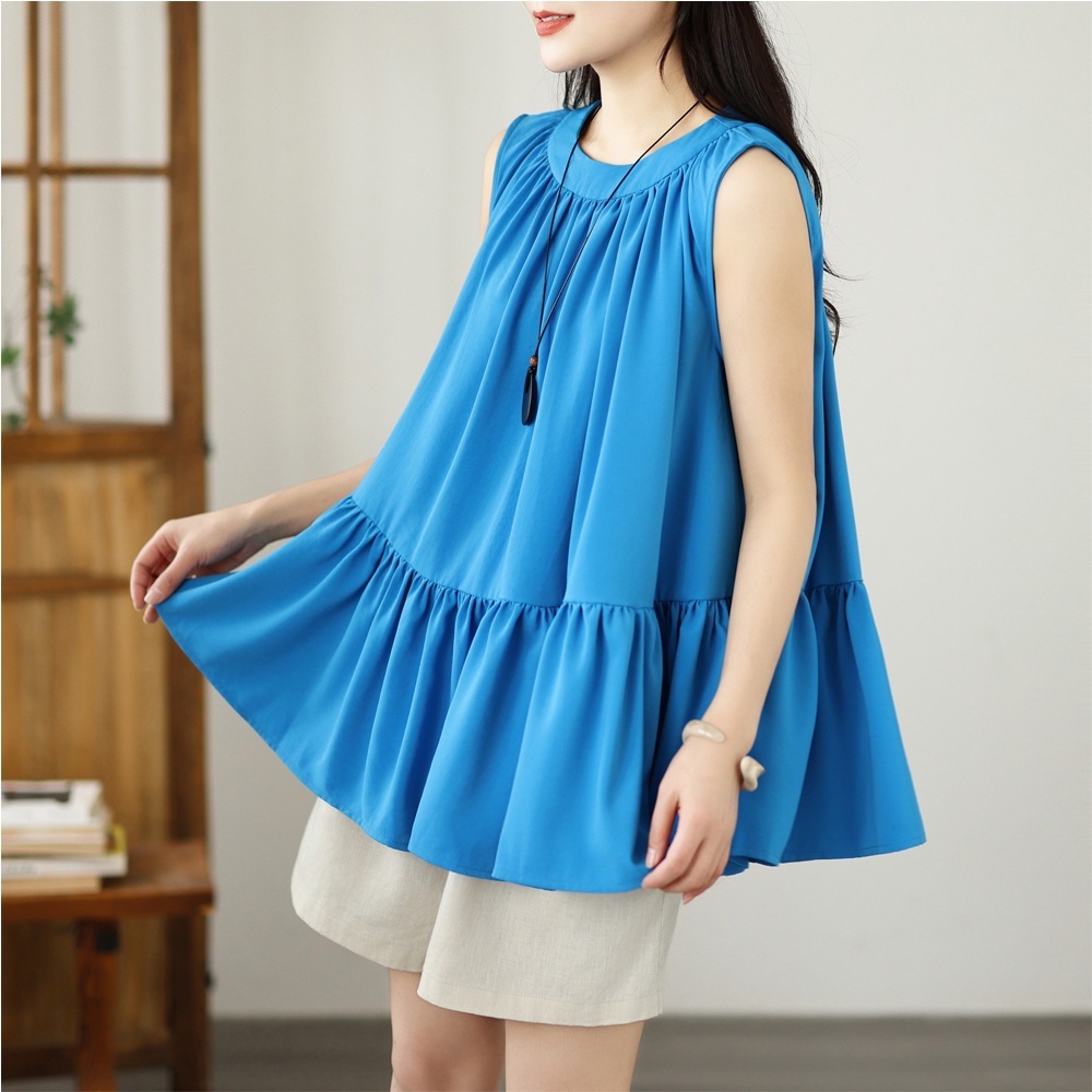 2026 Summer New Candy-Colored Sweet Shirt for Women, Thin Loose Sleeveless Top with Ruffled Hem