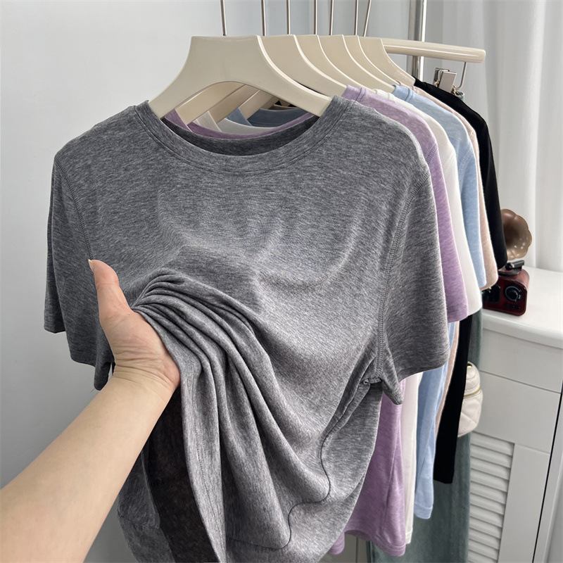 Soft and lightweight Lyocell thin ice silk short-sleeve t-shirt for women, summer loose-fitting solid color round-neck pullover knitted base top