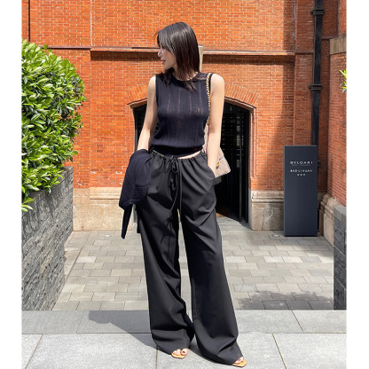 Stylish drawstring elastic waist supermodel pants, casual pants for women, 2025 summer new style, drapey, elegant, comfortable straight-leg pants