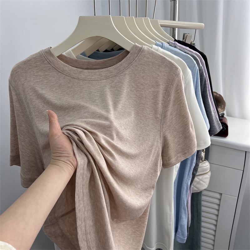 Soft and lightweight Lyocell thin ice silk short-sleeve t-shirt for women, summer loose-fitting solid color round-neck pullover knitted base top
