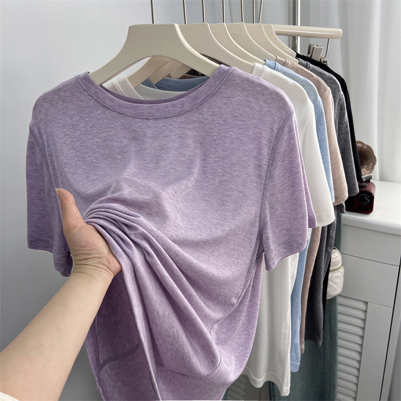 Soft and lightweight Lyocell thin ice silk short-sleeve t-shirt for women, summer loose-fitting solid color round-neck pullover knitted base top