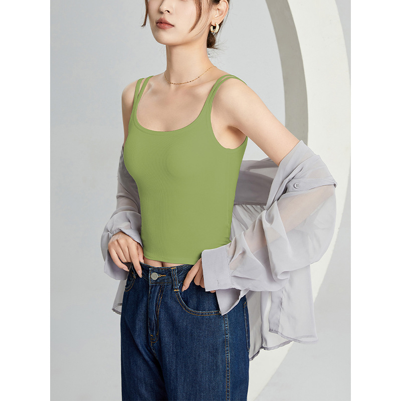 Spring Summer New Style with Chest Pad French Double Shoulder Strap Camisole for Women, Integrated Bra, Beautiful Back, Can Be Worn Outside