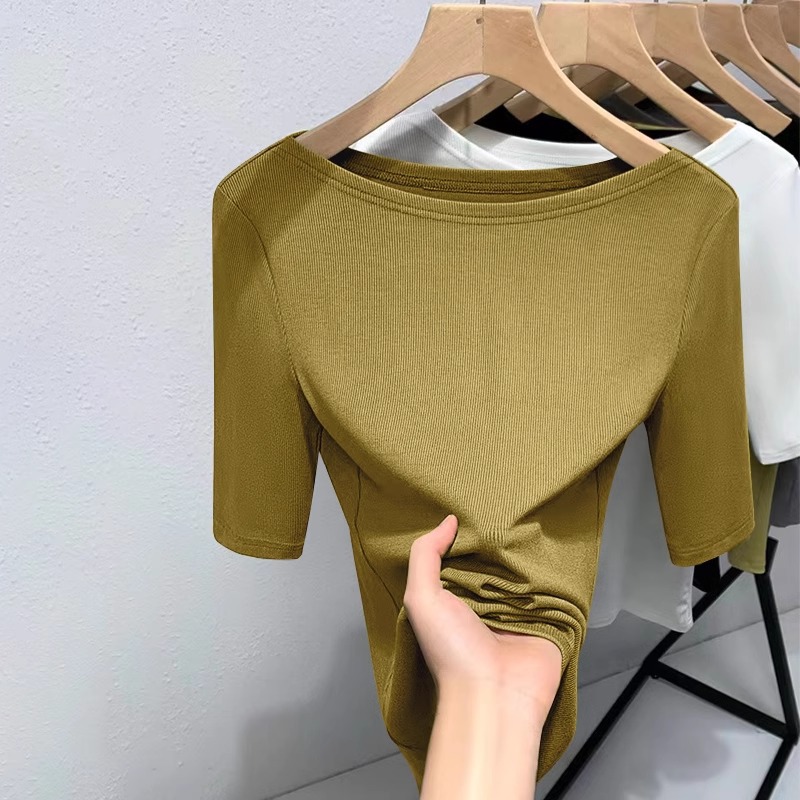 Off-shoulder short-sleeve T-shirt for women, modal textured base shirt, new trendy top for spring, autumn, and summer
