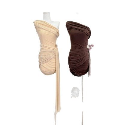 Purely alluring spring-summer off-shoulder pleated waist-slimming bodycon dress with ribbons