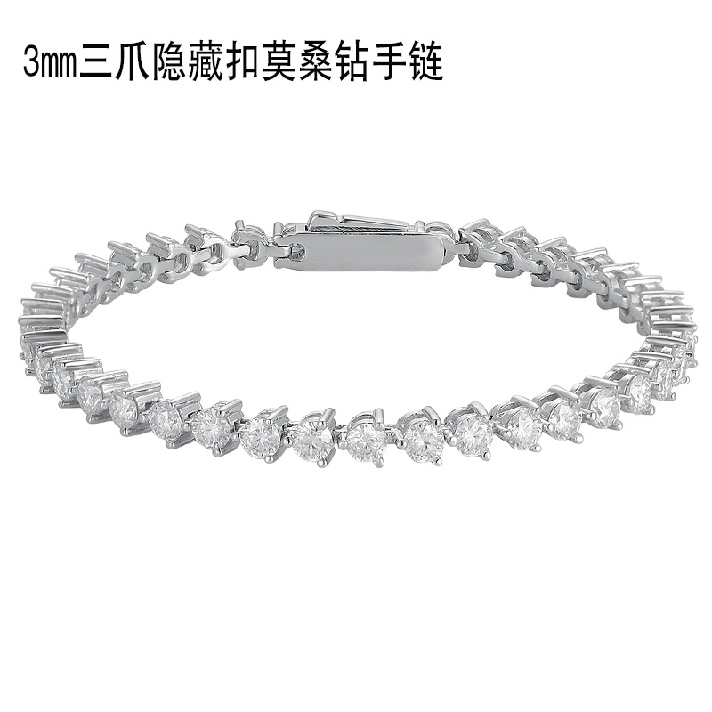 Three-prong hidden clasp moissanite bracelet for women, made of sterling silver, with a niche design, light luxury, fully encrusted with diamonds, tennis chain, shining and versatile