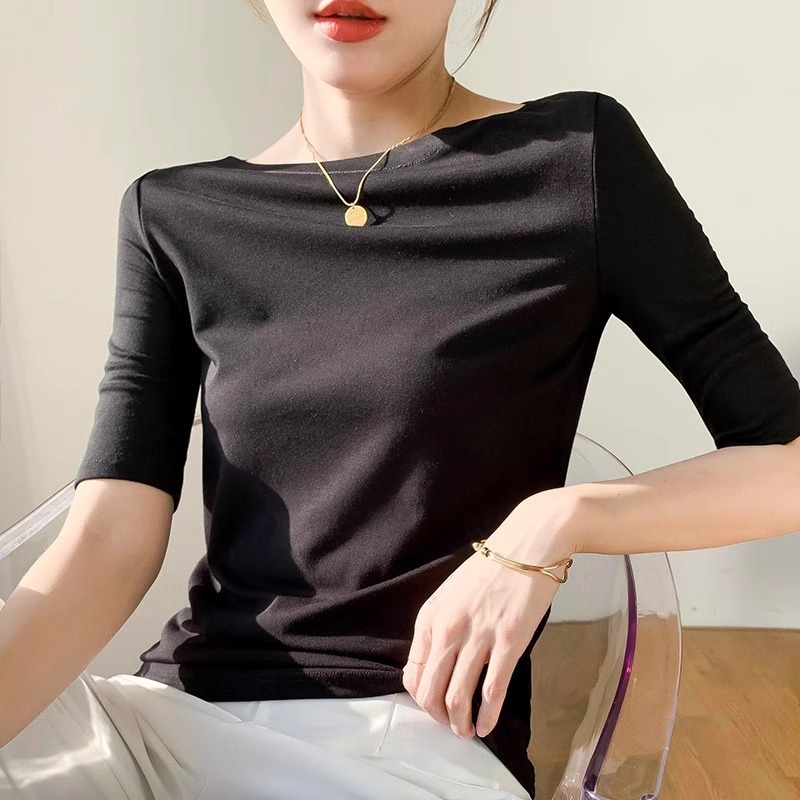 Off-shoulder short-sleeve T-shirt for women, modal textured base shirt, new trendy top for spring, autumn, and summer