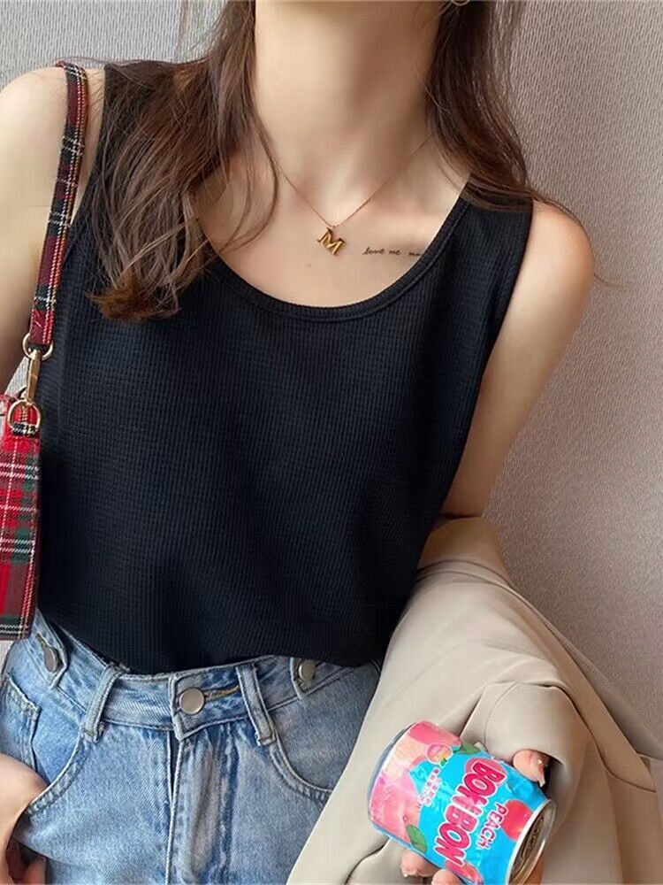 Waffle knit spring and summer new plus-size camisole for women, loose-fitting, tummy-covering, suitable for outerwear or as a base layer, sleeveless top