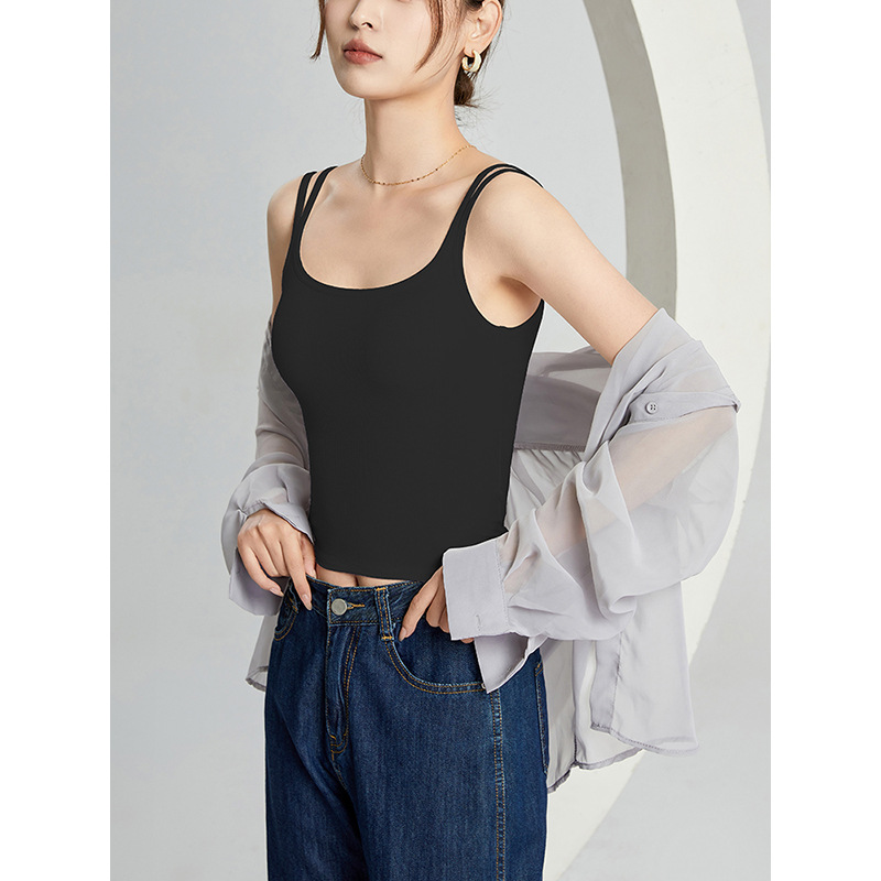 Spring Summer New Style with Chest Pad French Double Shoulder Strap Camisole for Women, Integrated Bra, Beautiful Back, Can Be Worn Outside