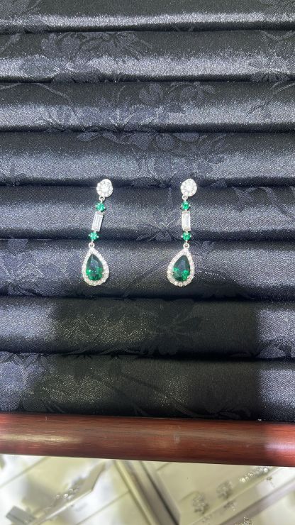 H72 LABGROWN SMALL TEARDROP EMERALD WITH SURR DIA DANGLING EARSTUD