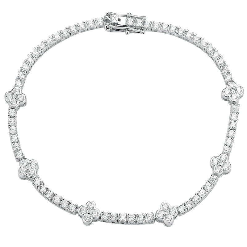 Shining Versatile Lucky Four-Leaf Clover Moissanite Bracelet for Women, Prismatic and Round, Pure Silver, Niche Design, Light Luxury, Full of Diamonds