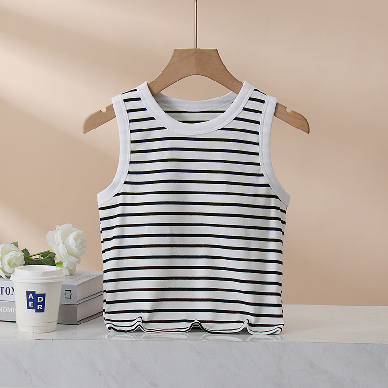D29 Summer Thin Bra Cup Integrated Tank Top for Women, Striped with Chest Pads, Wide Shoulder, Waist-Length Short Tank Top