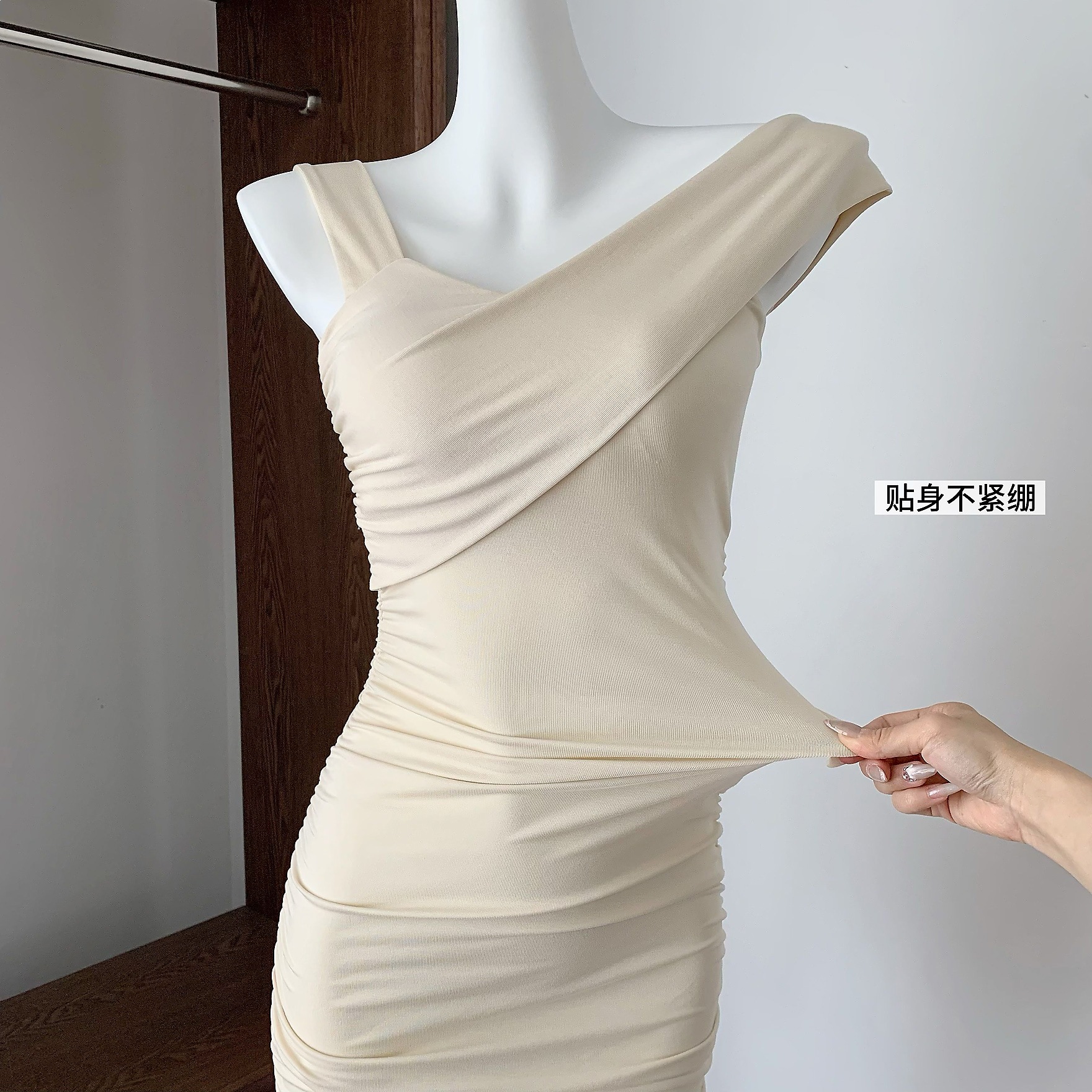 Lyocell ruched asymmetrical dress with chest pads for women, spring/summer bodycon mini dress
