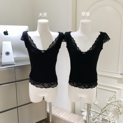 Secretly Alluring Lace Patchwork Pure Desire Short Sleeve T-Shirt for Women, Slim Fit, Slimming Top for Spring and Summer