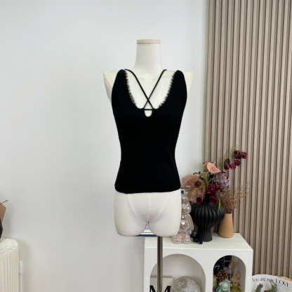 C21 Sultry figure, black and white two-tone textured V-neck slimming versatile cross halter neck camisole for women