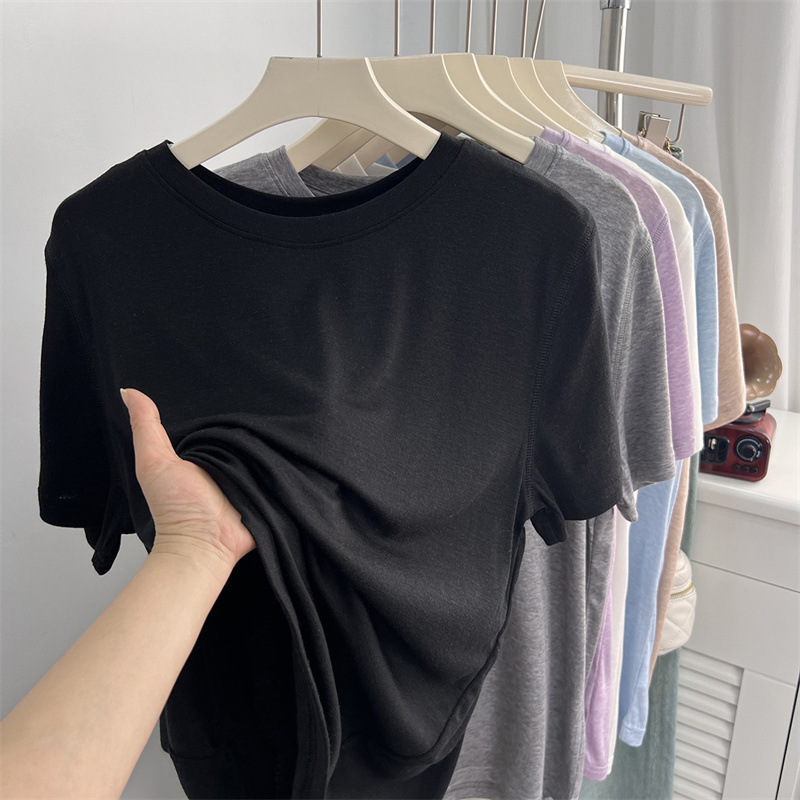 Soft and lightweight Lyocell thin ice silk short-sleeve t-shirt for women, summer loose-fitting solid color round-neck pullover knitted base top