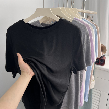 Soft and lightweight Lyocell thin ice silk short-sleeve t-shirt for women, summer loose-fitting solid color round-neck pullover knitted base top
