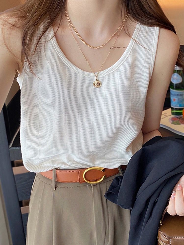 Waffle knit spring and summer new plus-size camisole for women, loose-fitting, tummy-covering, suitable for outerwear or as a base layer, sleeveless top