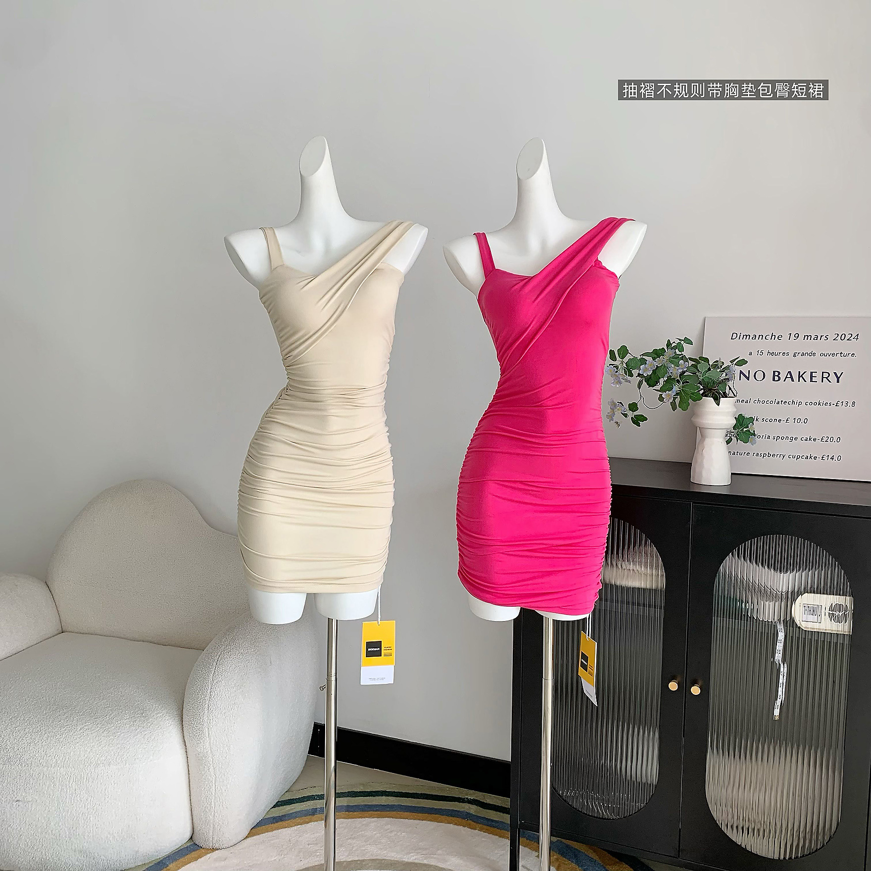 Lyocell ruched asymmetrical dress with chest pads for women, spring/summer bodycon mini dress