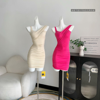 Lyocell ruched asymmetrical dress with chest pads for women, spring/summer bodycon mini dress