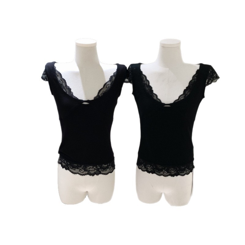 Secretly Alluring Lace Patchwork Pure Desire Short Sleeve T-Shirt for Women, Slim Fit, Slimming Top for Spring and Summer