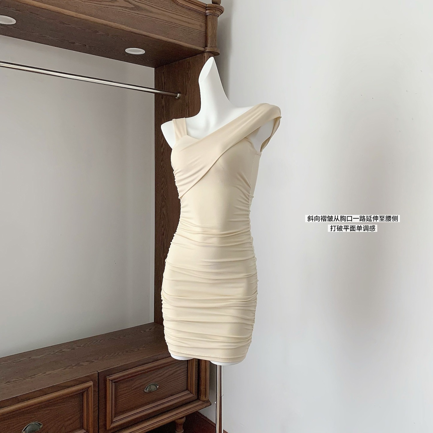 Lyocell ruched asymmetrical dress with chest pads for women, spring/summer bodycon mini dress