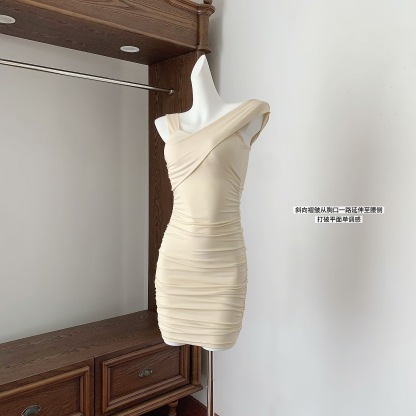 Lyocell ruched asymmetrical dress with chest pads for women, spring/summer bodycon mini dress
