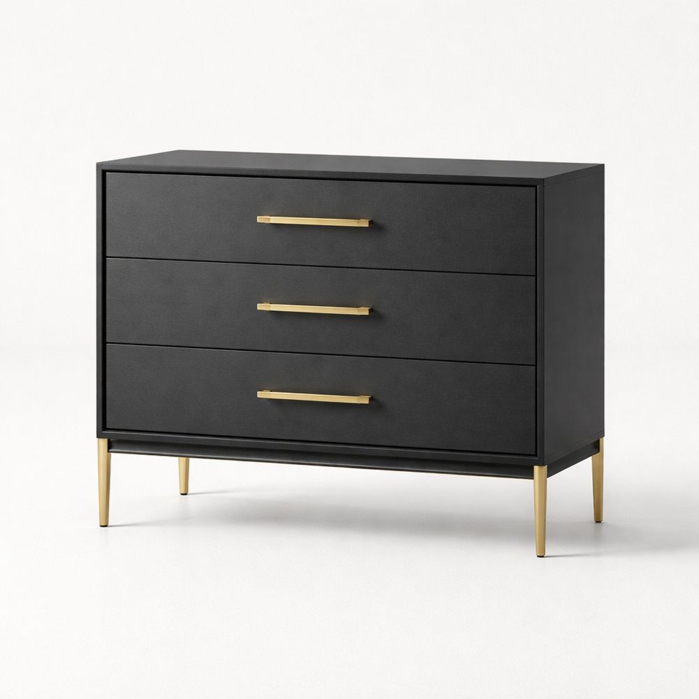 Black three-drawer cabinet with gold handles and metal legs-Easevello