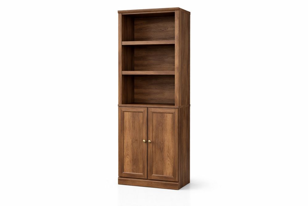 Engineered Wood Tall Bookshelf with Cabinet, Floor Standing Storage Shelf, Natural Wood Finish-Interanil
