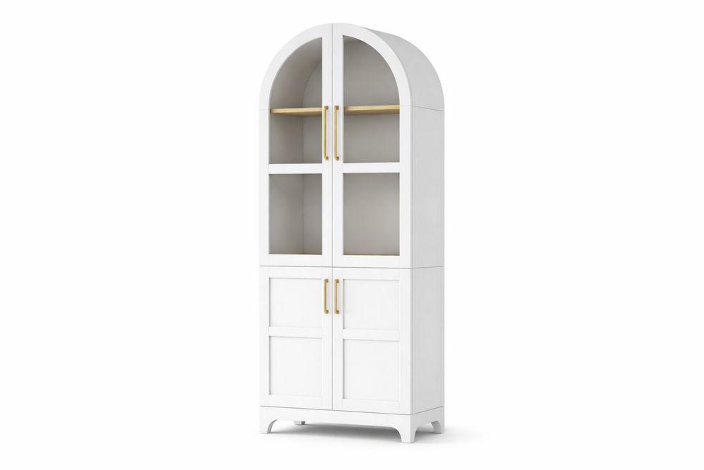 White Wooden Arched Storage Cabinet with Glass Doors and steel Handles-Interanil