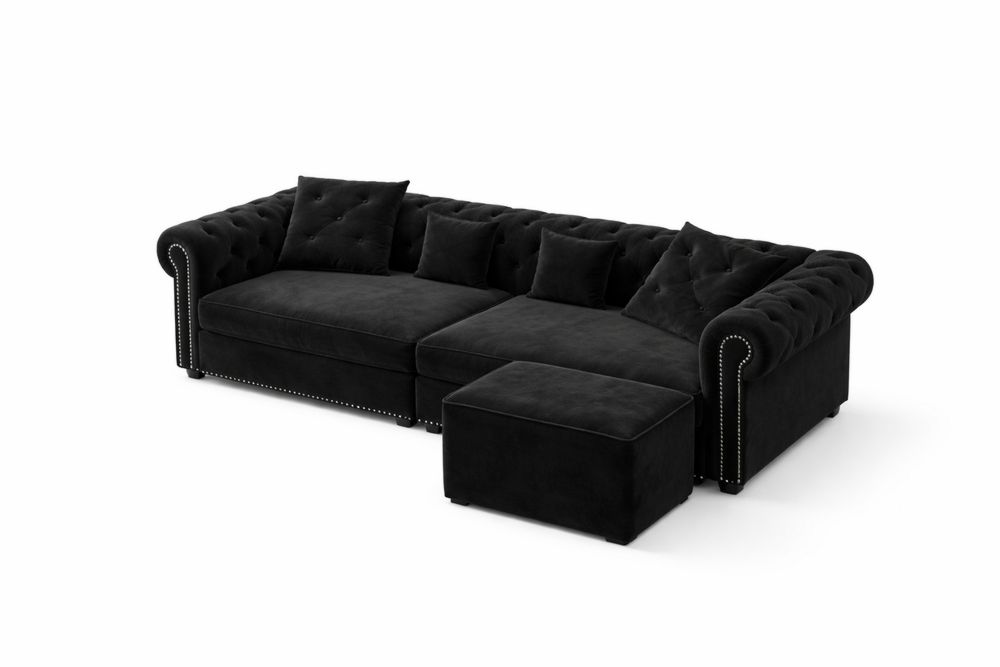 Velvet Black Sectional Sofa Set with Ottoman and Cushions-Interanil