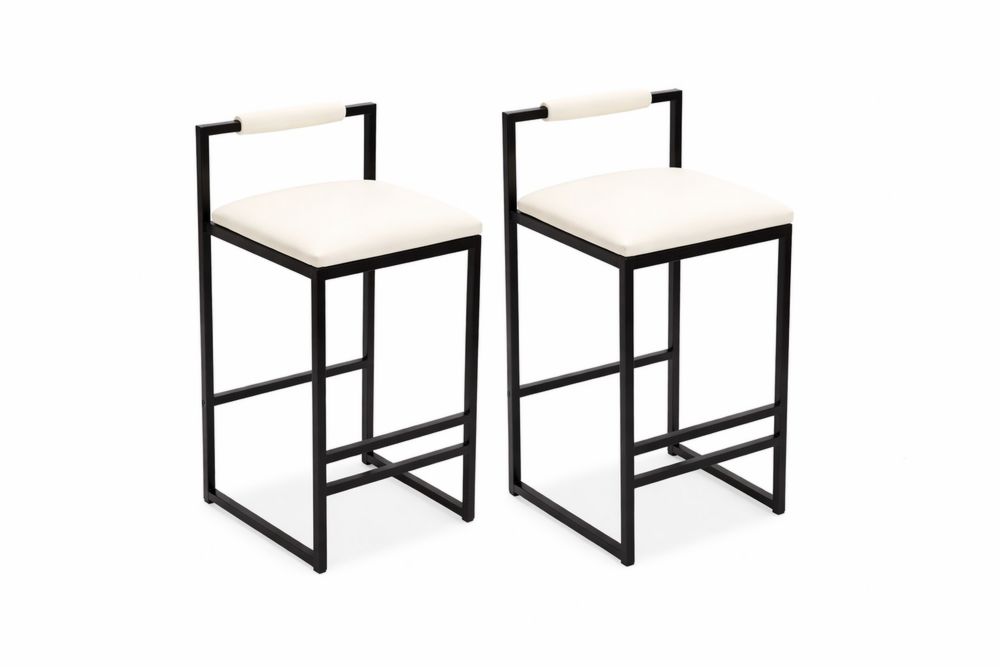 Set of 2 Bar Stools Faux Leather Cushioned Seat Black Iron Frame-Interanil