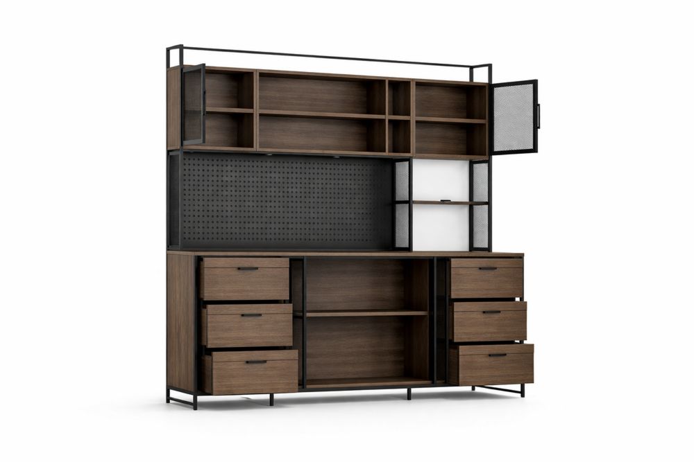 Sideboard with Engineered Wood and steel Frame, 6 Drawers, Adjustable Shelves, Brown and Black-Interanil