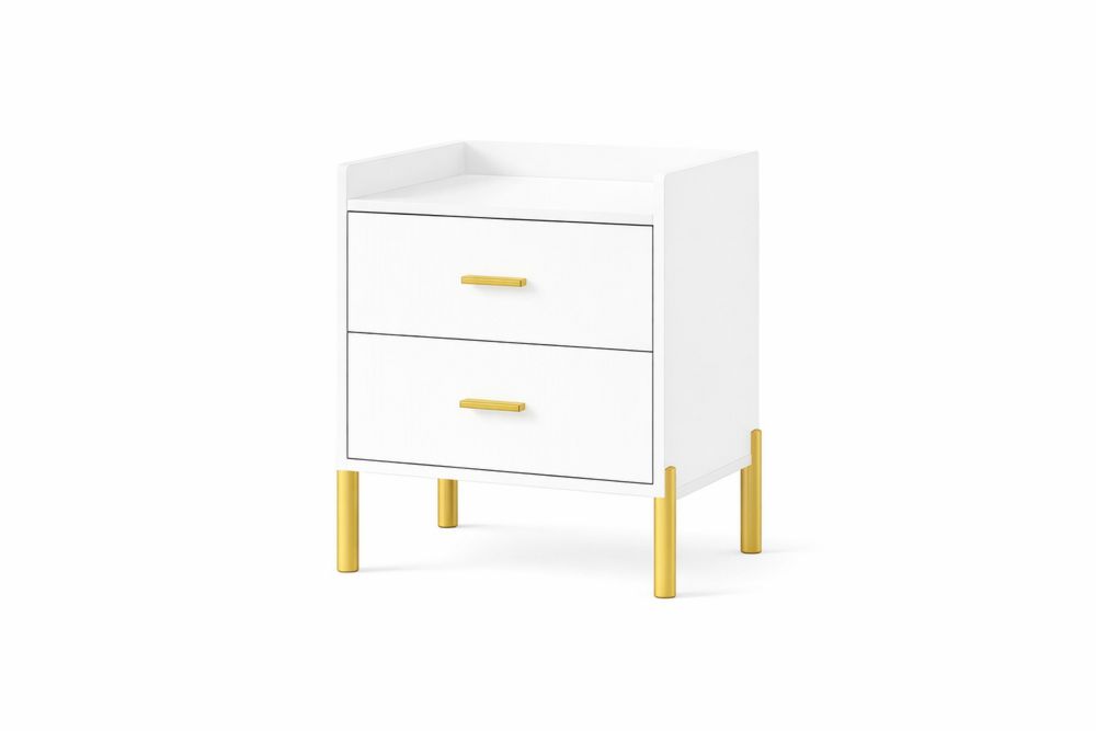 White Wood Nightstand with Gold steel Legs and Two Drawers-Interanil