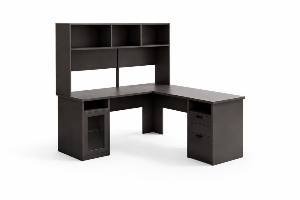 L-Shaped Office Desk with Hutch and Storage in Dark Brown-Interanil