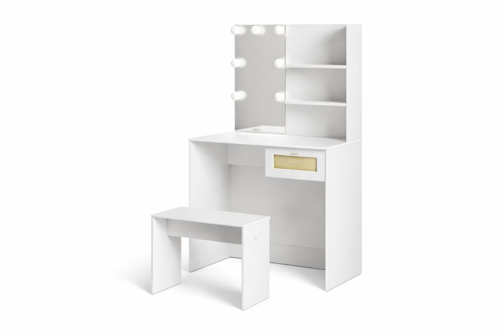 White Wood Vanity Desk and Stool Set with Shelves and Lights-Interanil