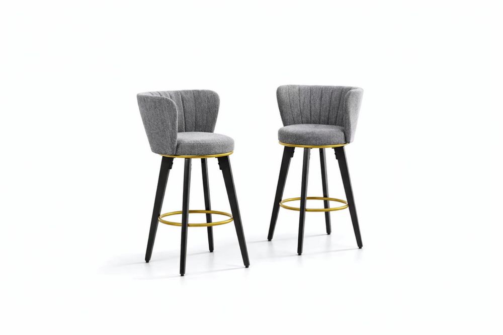 Set of 2 steel Upholstered Swivel Bar Stools with Backrest in Gray Fabric and steel Frame-Interanil