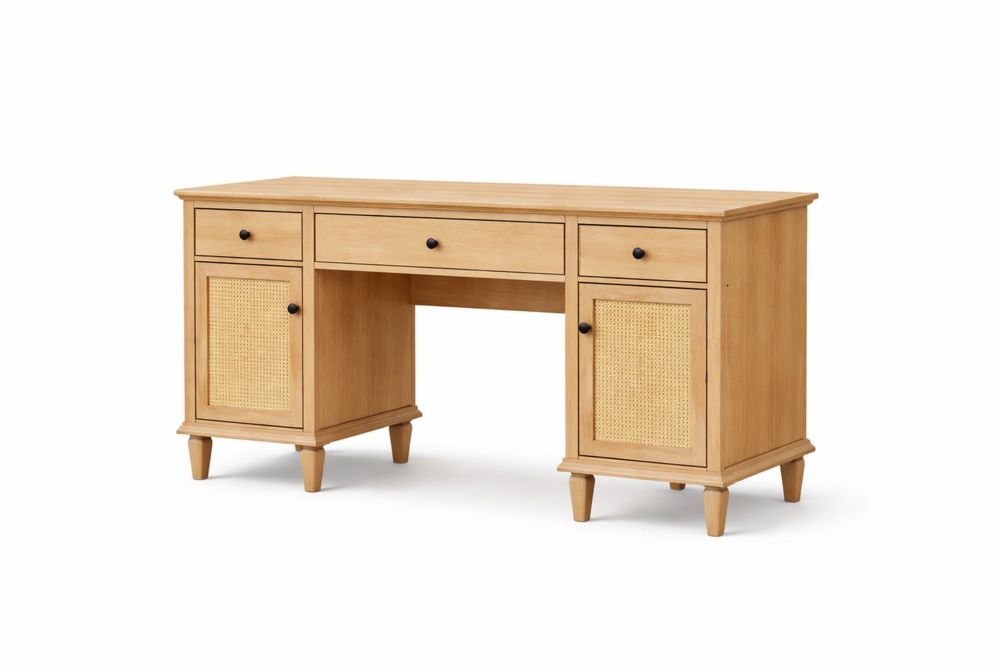 Wood Desk with Three Drawers and Two Wicker Doors-Interanil
