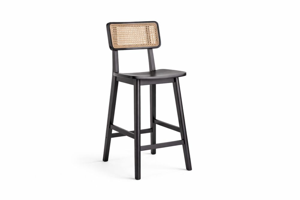 Bar Stool Black Wood with Cane Backrest-Interanil