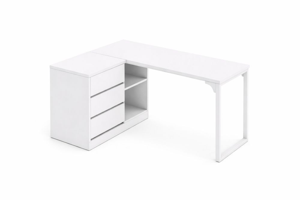 White L-Shaped Desk with Drawers and Open Shelving MDF-Interanil
