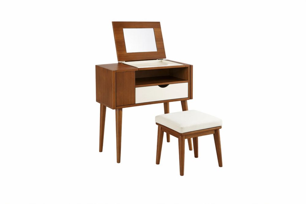 Wood Vanity Table Set with Mirror and Faux Leather Upholstered Stool 85x40x120 cm Brown/White-Interanil