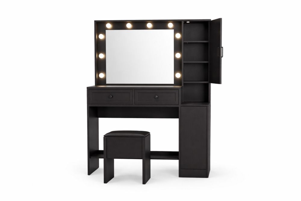 Wood Vanity Set with Lighted Mirror and Storage Cabinets Black-Interanil