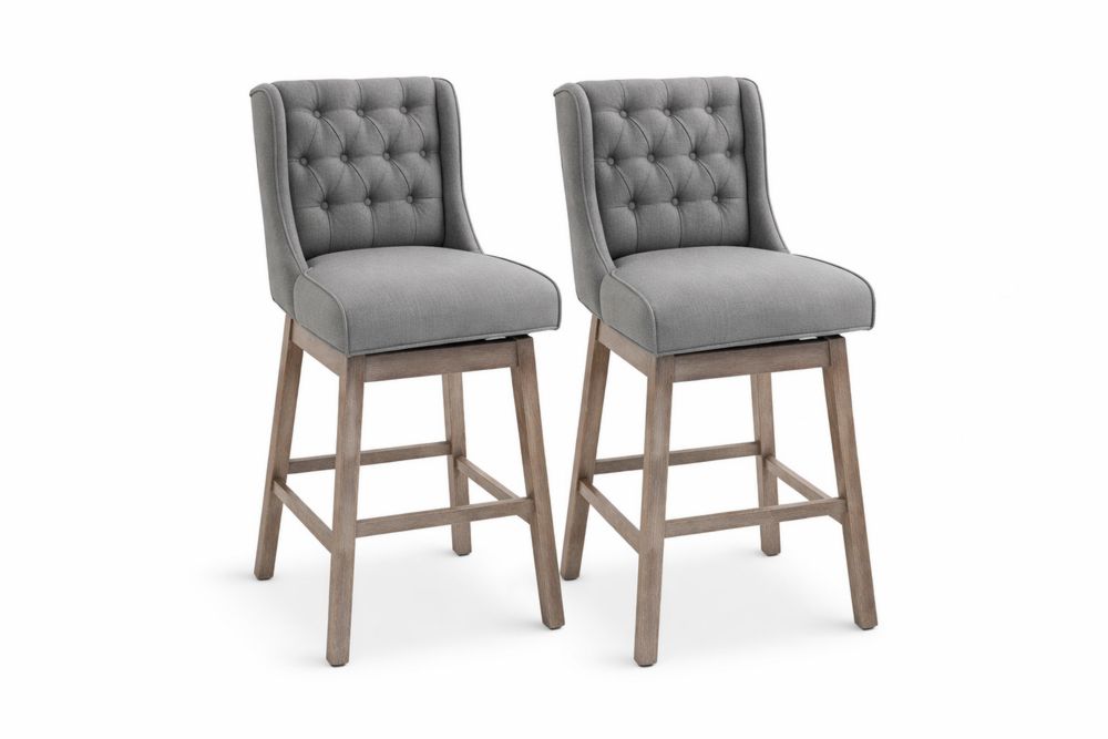 Set of 2 Fabric Bar Stools with Button Tufted Backrest and Wooden Legs-Interanil