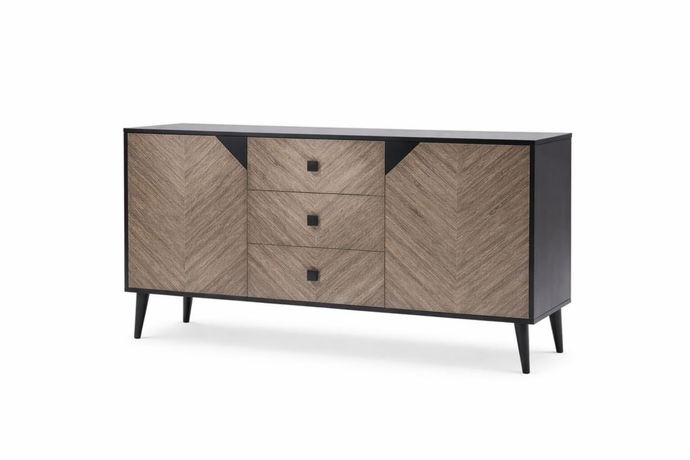 Wood Veneer Sideboard with steel Legs and Black Frame 3 Drawers 2 Doors-Interanil