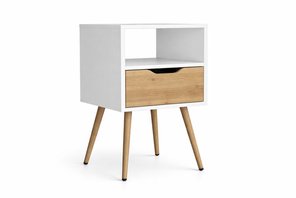 Wood and MDF Nightstand with Drawer and Shelf White and Oak-Interanil