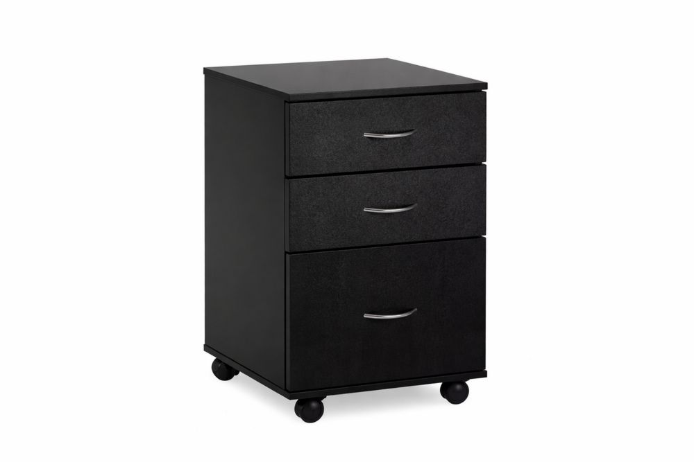Black Wood Mobile File Cabinet with 3 Drawers and Wheels-Interanil