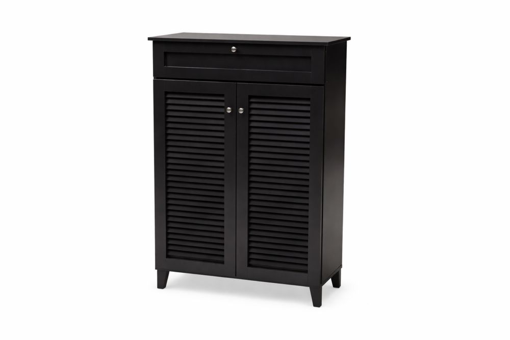 Black Wooden Cabinet with Drawer and Louvered Doors-Interanil