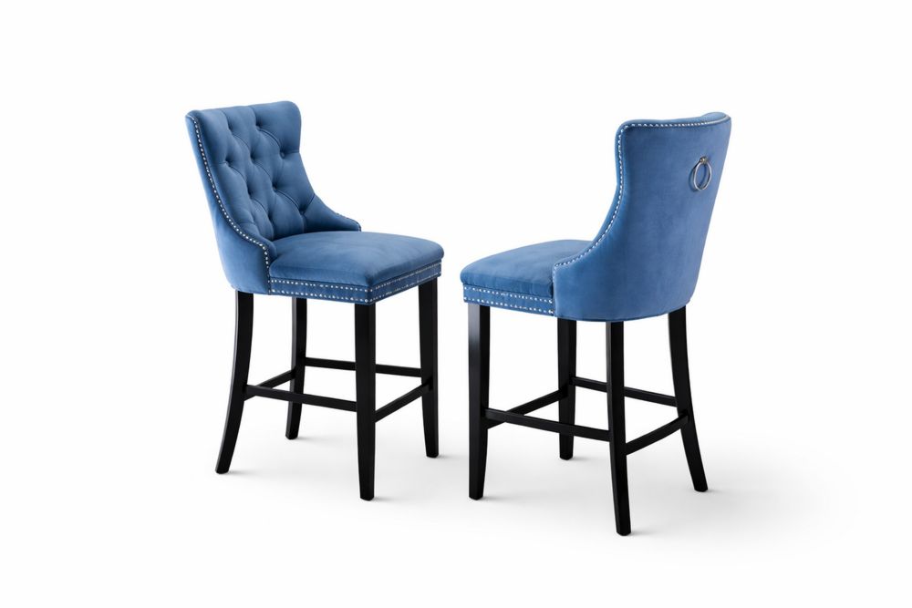 Blue Velvet Tufted Bar Stools Set with Nailhead Trim and Ring Pull Design-Interanil
