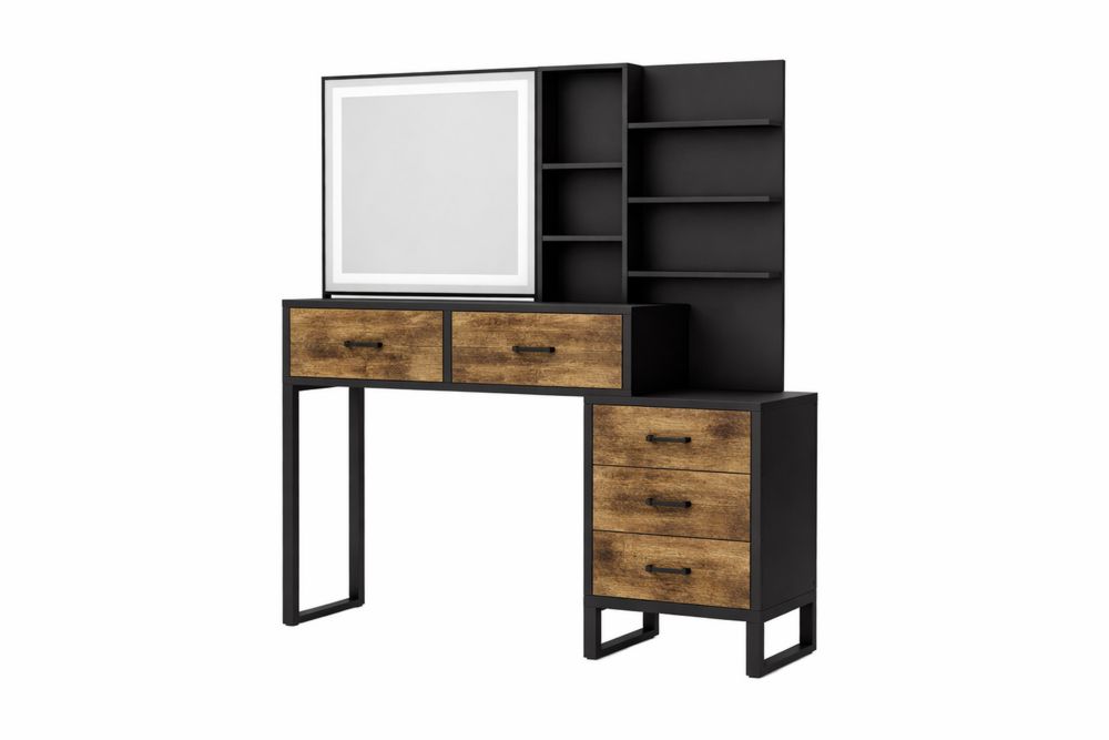 Vanity Table with Mirror and Shelves MDF steel Frame Black and Brown-Interanil