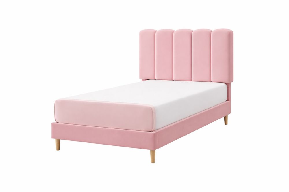 Pink Velvet Single Bed with Wooden Legs-Interanil